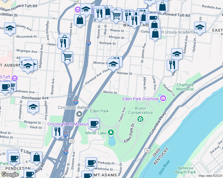 map of restaurants, bars, coffee shops, grocery stores, and more near 922 Morris Street in Cincinnati