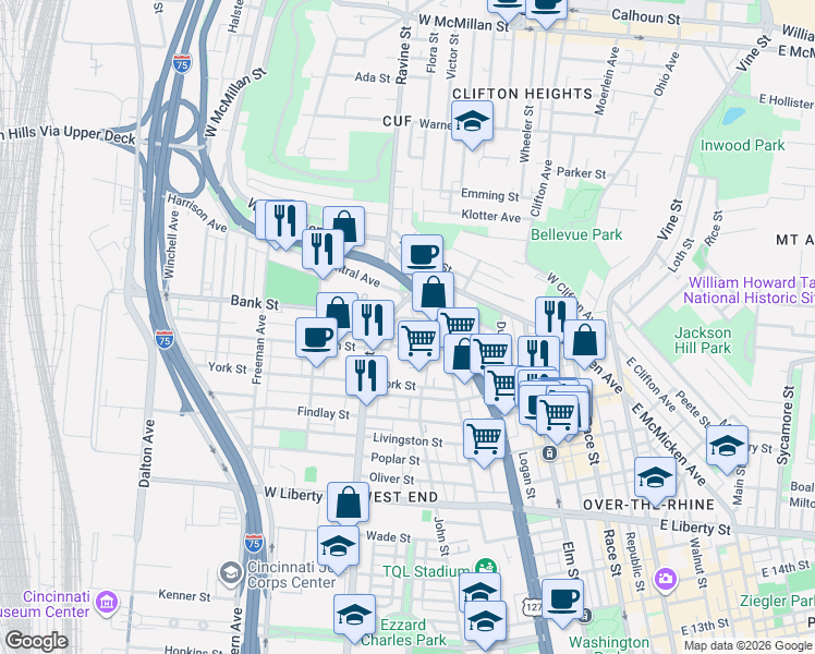 map of restaurants, bars, coffee shops, grocery stores, and more near 428 Dayton Street in Cincinnati