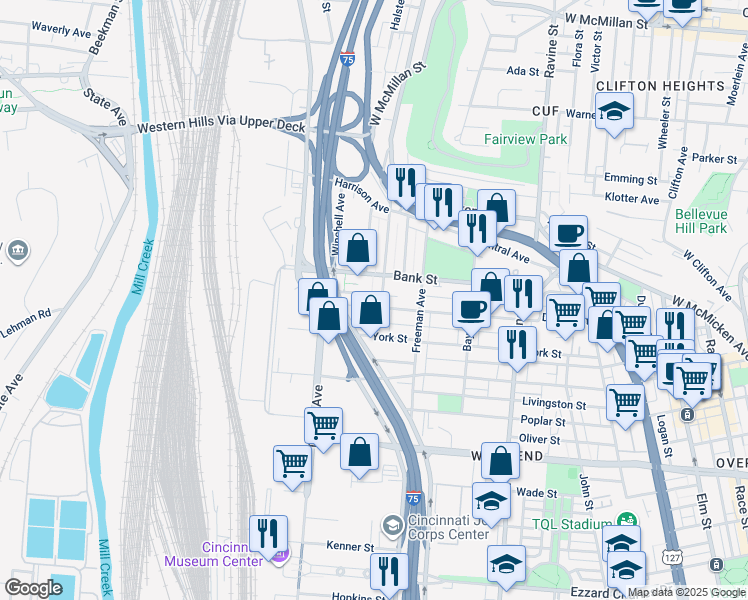 map of restaurants, bars, coffee shops, grocery stores, and more near 1029 Dayton Street in Cincinnati