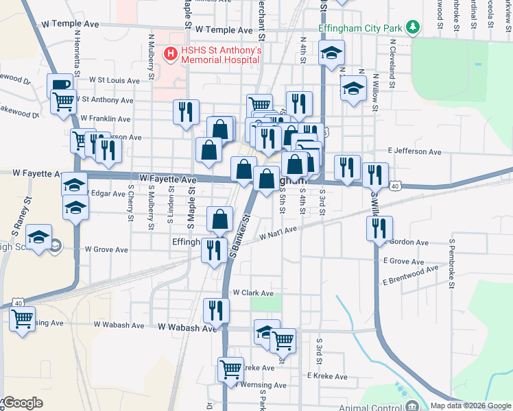 map of restaurants, bars, coffee shops, grocery stores, and more near 302 High Avenue in Effingham