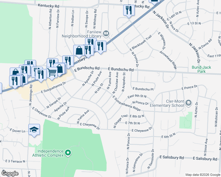 map of restaurants, bars, coffee shops, grocery stores, and more near 815 North Yuma Avenue in Independence