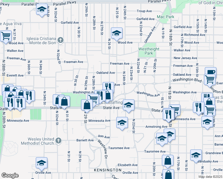 map of restaurants, bars, coffee shops, grocery stores, and more near 1301 North 25 Street in Kansas City