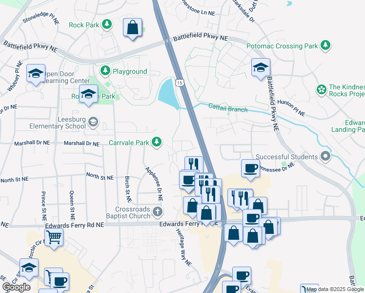 map of restaurants, bars, coffee shops, grocery stores, and more near 1122 Huntmaster Terrace Northeast in Leesburg