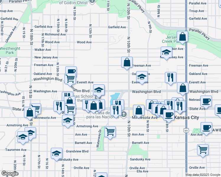 map of restaurants, bars, coffee shops, grocery stores, and more near 1058 Washington Boulevard in Kansas City