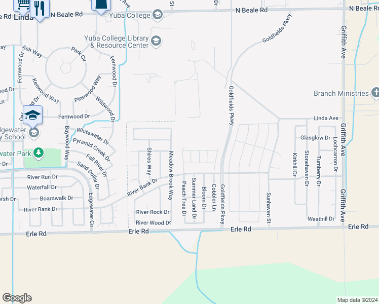 map of restaurants, bars, coffee shops, grocery stores, and more near 2169 Harvest Street in Linda