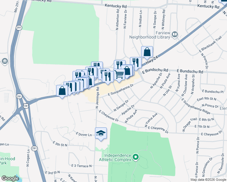 map of restaurants, bars, coffee shops, grocery stores, and more near 813 North Pawnee Avenue in Independence