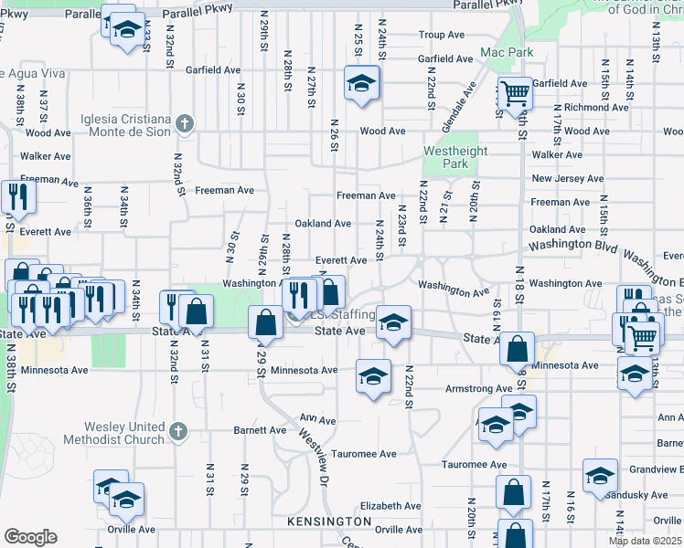 map of restaurants, bars, coffee shops, grocery stores, and more near 1301 North 25 Street in Kansas City