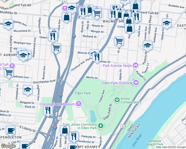 map of restaurants, bars, coffee shops, grocery stores, and more near 922 Morris Street in Cincinnati