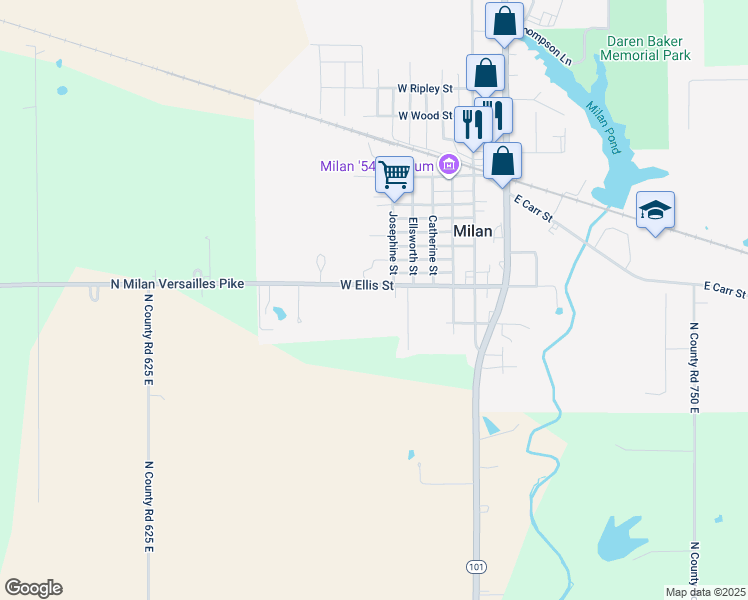 map of restaurants, bars, coffee shops, grocery stores, and more near 513 West Ellis Street in Milan