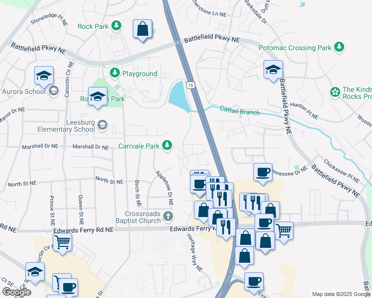 map of restaurants, bars, coffee shops, grocery stores, and more near 1124 Huntmaster Terrace Northeast in Leesburg