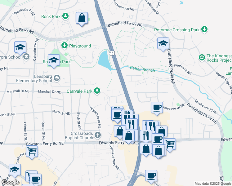 map of restaurants, bars, coffee shops, grocery stores, and more near 1105 Huntmaster Terrace Northeast in Leesburg