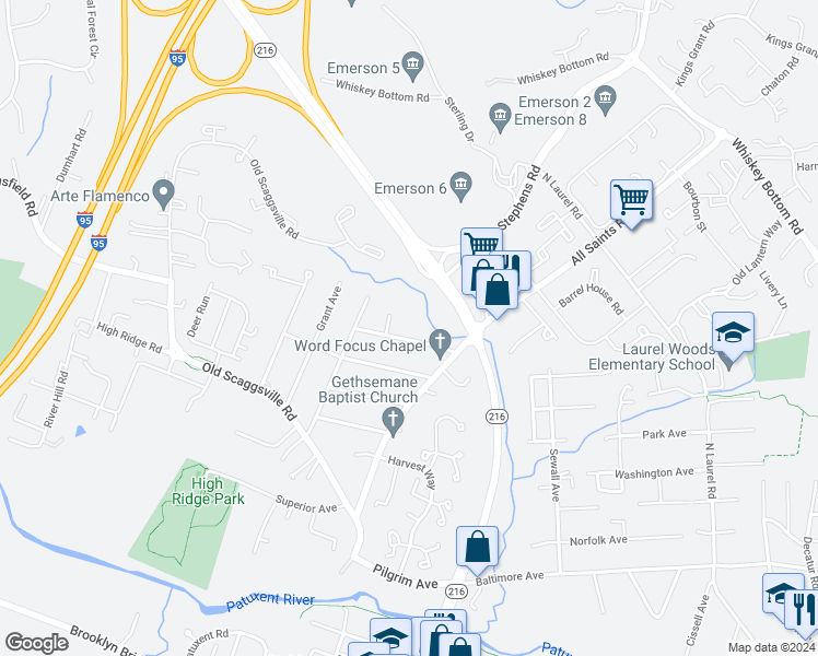 map of restaurants, bars, coffee shops, grocery stores, and more near 9858 Lyon Avenue in Laurel