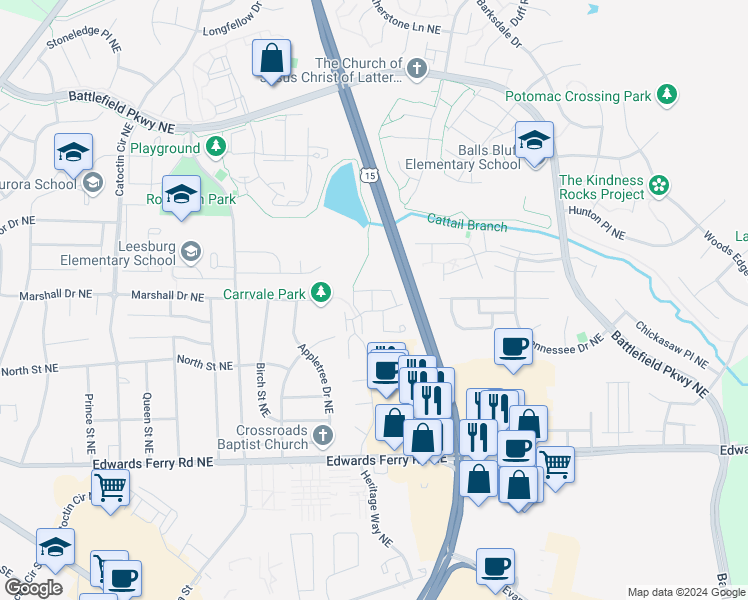 map of restaurants, bars, coffee shops, grocery stores, and more near 1118 Huntmaster Terrace Northeast in Leesburg
