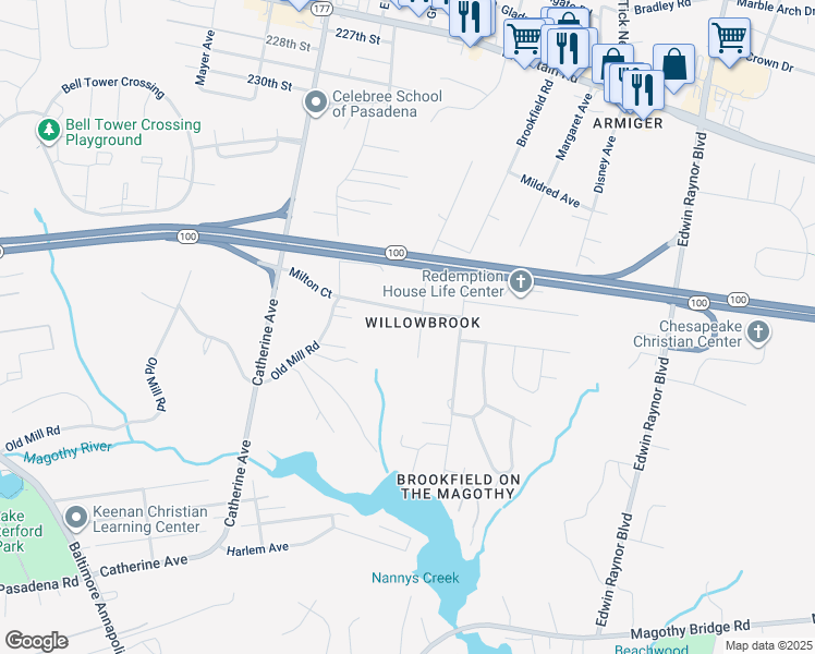 map of restaurants, bars, coffee shops, grocery stores, and more near 1204 Will O Brook Drive in Pasadena