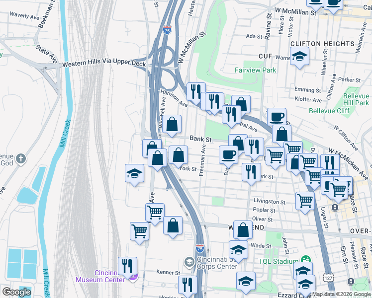 map of restaurants, bars, coffee shops, grocery stores, and more near 1029 Dayton Street in Cincinnati
