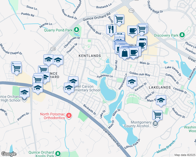 map of restaurants, bars, coffee shops, grocery stores, and more near 602 Firehouse Lane in Gaithersburg