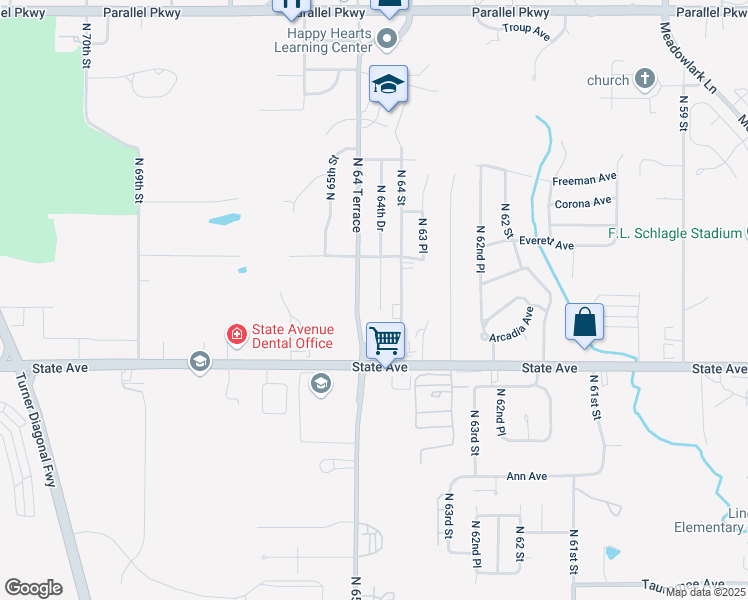 map of restaurants, bars, coffee shops, grocery stores, and more near 1303 North 64 Terrace in Kansas City