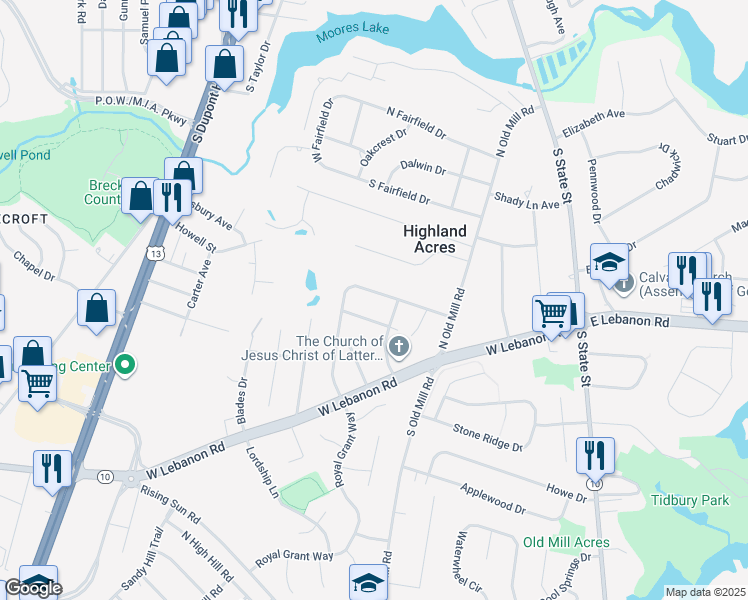 map of restaurants, bars, coffee shops, grocery stores, and more near 24 Mikell Drive in Dover