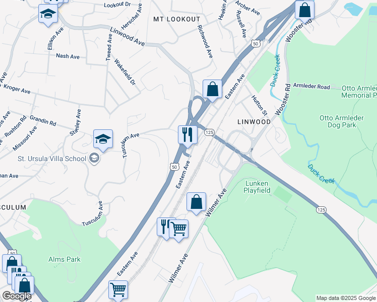 map of restaurants, bars, coffee shops, grocery stores, and more near 4628 Eastern Avenue in Cincinnati