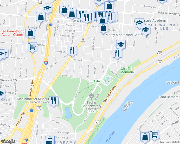 map of restaurants, bars, coffee shops, grocery stores, and more near 2112 Saint James Avenue in Cincinnati