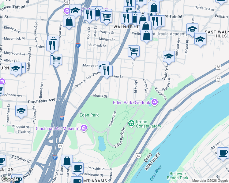 map of restaurants, bars, coffee shops, grocery stores, and more near 2109 Fulton Avenue in Cincinnati