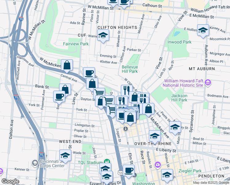 map of restaurants, bars, coffee shops, grocery stores, and more near 2022 Elm Street in Cincinnati