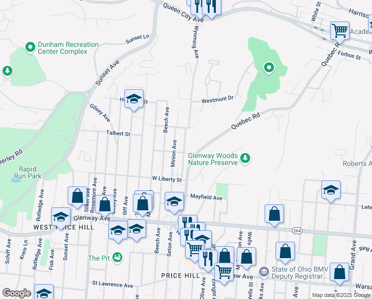 map of restaurants, bars, coffee shops, grocery stores, and more near 1635 Quebec Road in Cincinnati