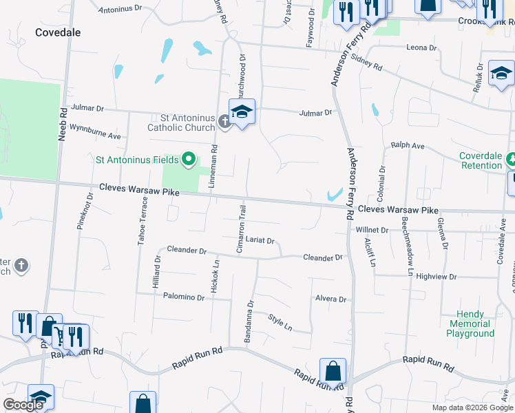 map of restaurants, bars, coffee shops, grocery stores, and more near 5334 Rawhide Court in Cincinnati