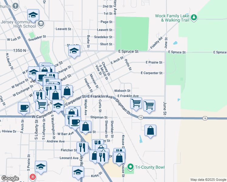 map of restaurants, bars, coffee shops, grocery stores, and more near 607 East Franklin Avenue in Jerseyville