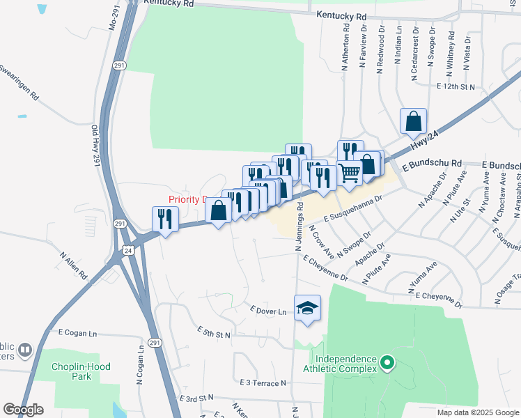 map of restaurants, bars, coffee shops, grocery stores, and more near 16909 East US Highway 24 in Independence