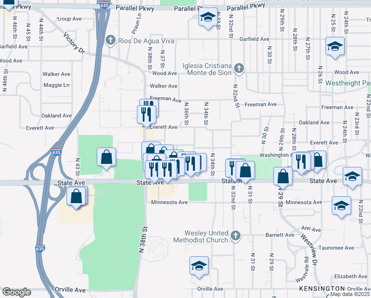 map of restaurants, bars, coffee shops, grocery stores, and more near 1142 North 36th Street in Kansas City