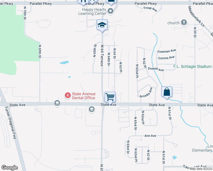map of restaurants, bars, coffee shops, grocery stores, and more near 1303 North 64 Terrace in Kansas City