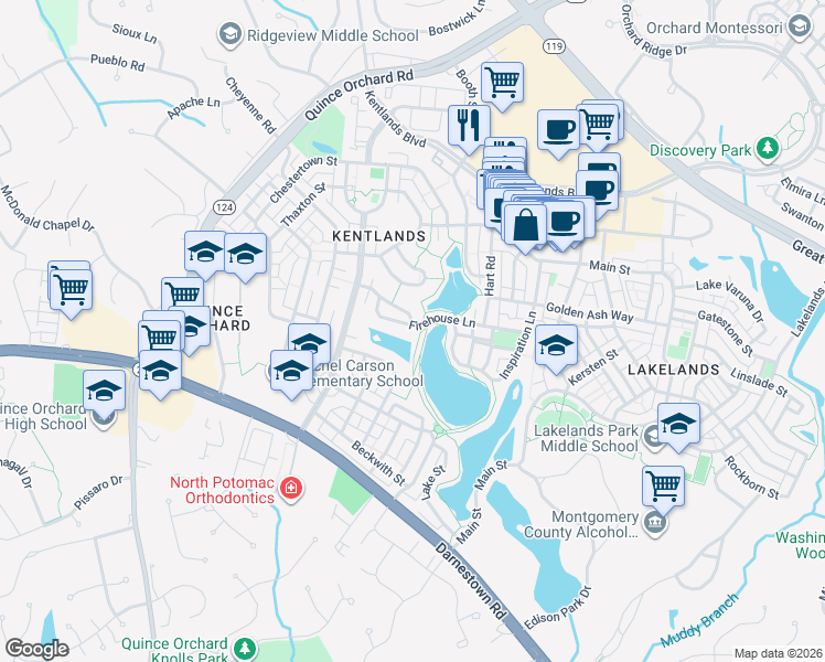 map of restaurants, bars, coffee shops, grocery stores, and more near 602 Firehouse Lane in Gaithersburg