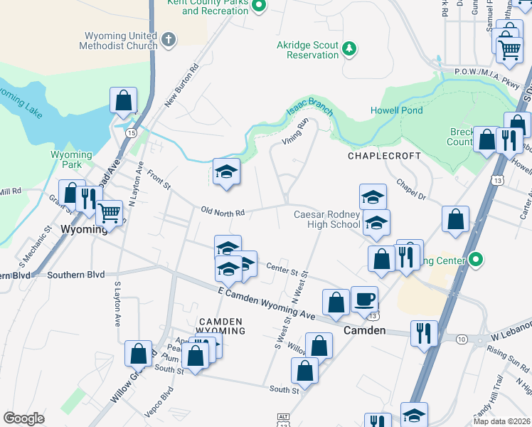 map of restaurants, bars, coffee shops, grocery stores, and more near 104 Thornley Drive in Camden