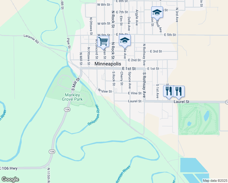 map of restaurants, bars, coffee shops, grocery stores, and more near 101 West Vine Street in Minneapolis