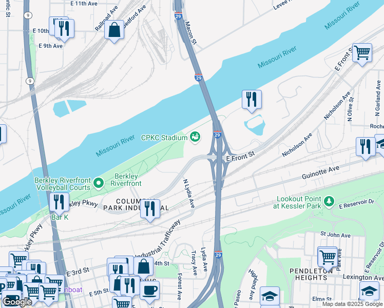 map of restaurants, bars, coffee shops, grocery stores, and more near 1460 East Front Street in Kansas City