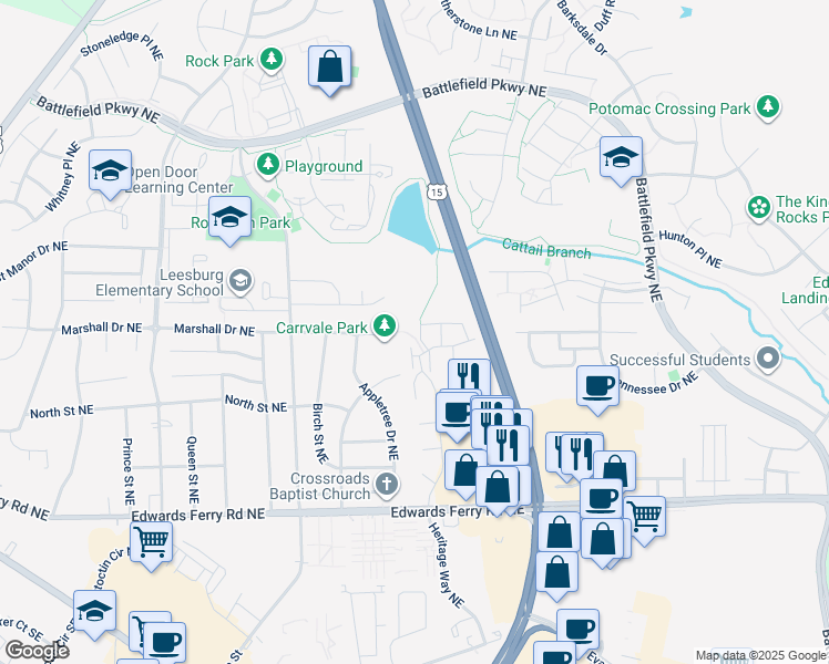 map of restaurants, bars, coffee shops, grocery stores, and more near 1124 Huntmaster Terrace Northeast in Leesburg