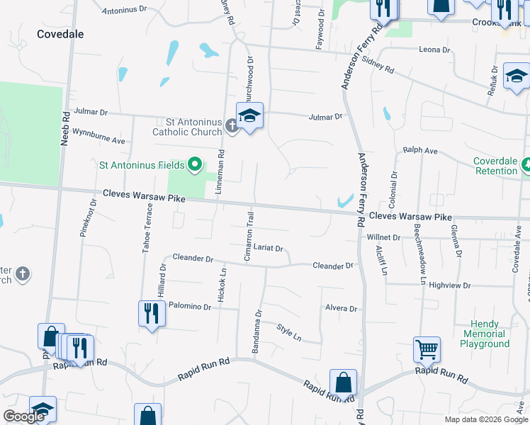 map of restaurants, bars, coffee shops, grocery stores, and more near 5334 Rawhide Court in Cincinnati