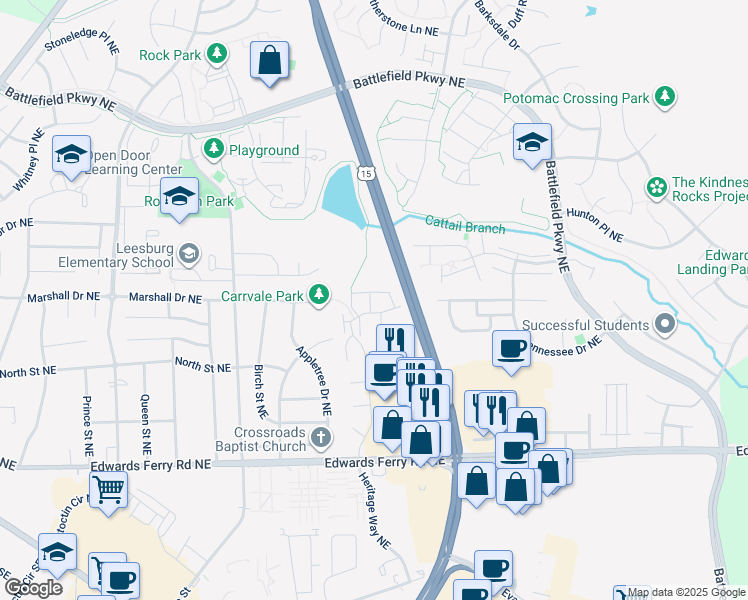 map of restaurants, bars, coffee shops, grocery stores, and more near 1114 Huntmaster Terrace Northeast in Leesburg