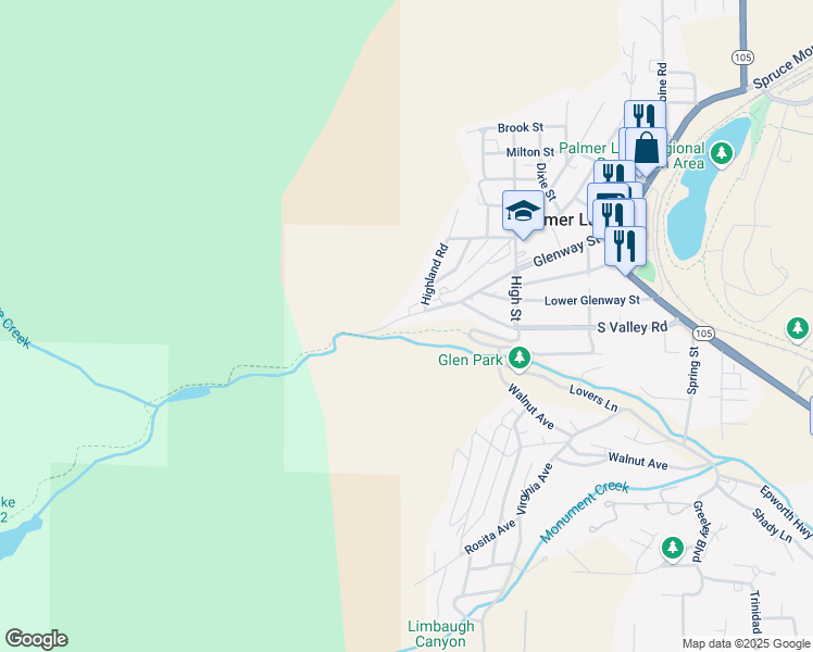 map of restaurants, bars, coffee shops, grocery stores, and more near 537 Glen Street in Palmer Lake