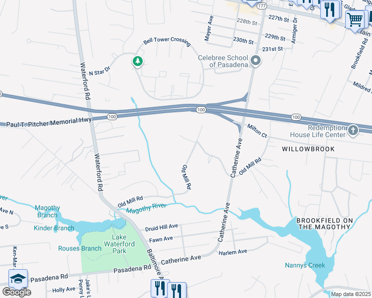 map of restaurants, bars, coffee shops, grocery stores, and more near 8240 Old Mill Road in Pasadena