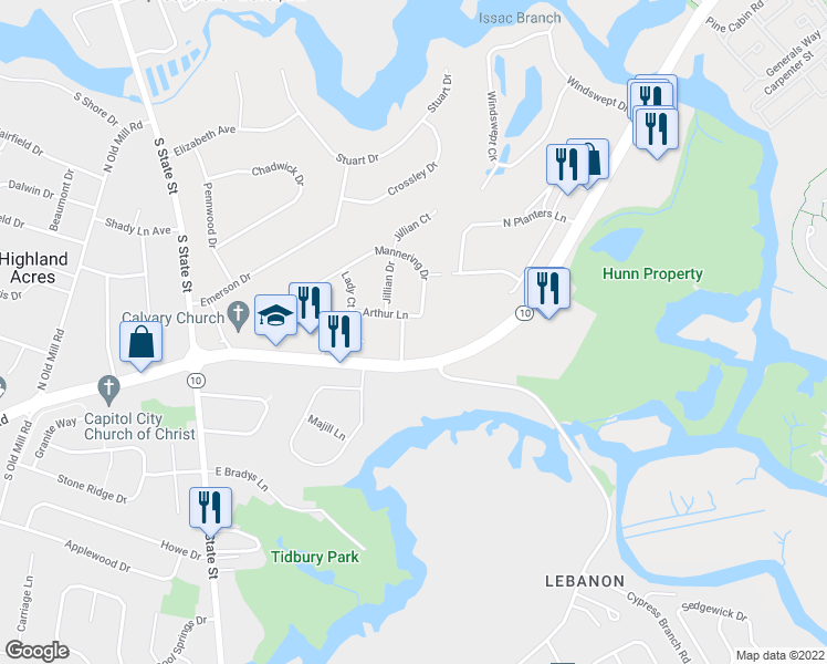 map of restaurants, bars, coffee shops, grocery stores, and more near GRAND Oak Lane in Dover