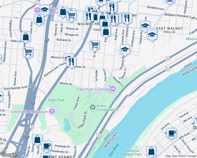 map of restaurants, bars, coffee shops, grocery stores, and more near 2108 Alpine Place in Cincinnati