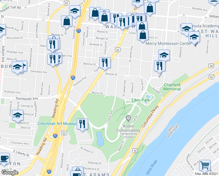 map of restaurants, bars, coffee shops, grocery stores, and more near 954 Morris Street in Cincinnati
