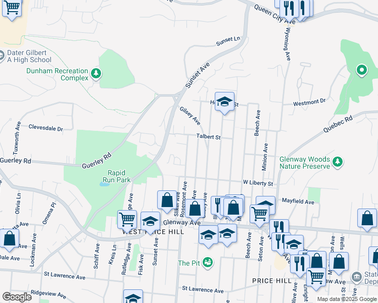 map of restaurants, bars, coffee shops, grocery stores, and more near 1633 Dewey Avenue in Cincinnati
