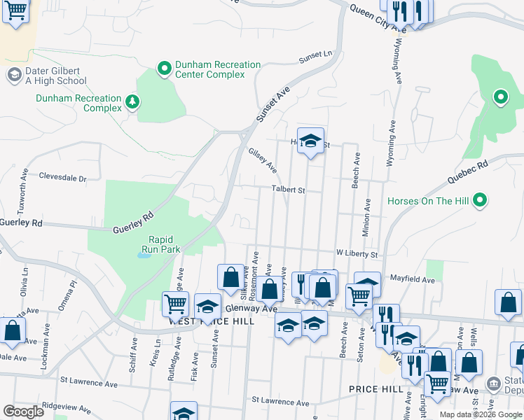 map of restaurants, bars, coffee shops, grocery stores, and more near 1633 Dewey Avenue in Cincinnati