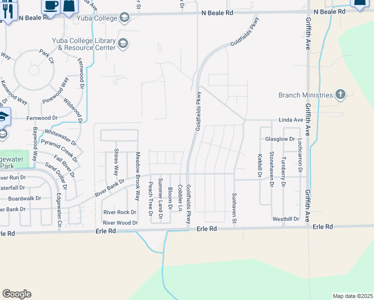 map of restaurants, bars, coffee shops, grocery stores, and more near 5645 Cobbler Lane in Linda