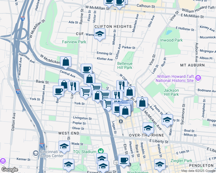 map of restaurants, bars, coffee shops, grocery stores, and more near 2050 Dunlap Street in Cincinnati