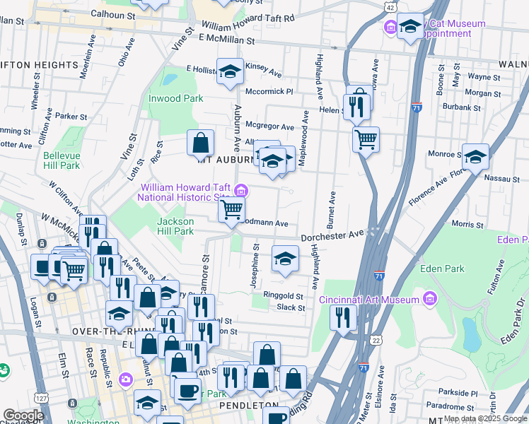 map of restaurants, bars, coffee shops, grocery stores, and more near 2020 Auburn Avenue in Cincinnati