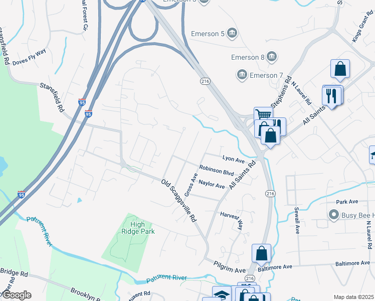 map of restaurants, bars, coffee shops, grocery stores, and more near 9140 Grant Avenue in Laurel
